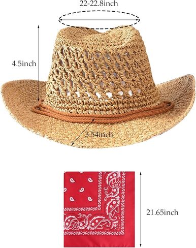 قبعة رعاة البقر من القش، قبعة غربية من قش الشمس، قبعة من القش للصيف الغربي مع حزام للنساء والرجال باللون الكاكي in Kuwait