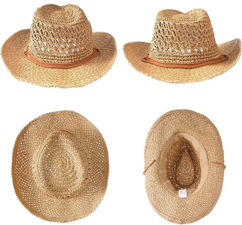 قبعة رعاة البقر من القش، قبعة غربية من قش الشمس، قبعة من القش للصيف الغربي مع حزام للنساء والرجال باللون الكاكي in Kuwait