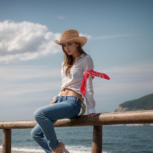 قبعة رعاة البقر من القش، قبعة غربية من قش الشمس، قبعة من القش للصيف الغربي مع حزام للنساء والرجال باللون الكاكي in Kuwait