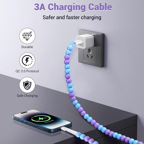 Aolcev 3.3FT Charging Cable Durable and Stylish 66W Fast Charger Cord Beaded Charging Cord for iPhone 14 13 12 11 Pro Max Xr Xs X 8 7 6 Plus iPad Pro/Air/Mini White in Saudi Arabia