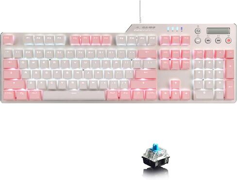 Lomiluskr Wired Mechanical Gaming Keyboard, 104 Keys and 6 Media Keys Anti-Ghosting, 2 Colors PBT Keycap, Hot-swappable Switch, Elegant White Backlight, Aluminum Panel (Pink&White, Blue Switch) in Saudi Arabia