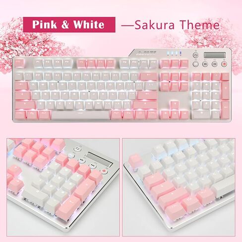 Lomiluskr Wired Mechanical Gaming Keyboard, 104 Keys and 6 Media Keys Anti-Ghosting, 2 Colors PBT Keycap, Hot-swappable Switch, Elegant White Backlight, Aluminum Panel (Pink&White, Blue Switch) in Saudi Arabia