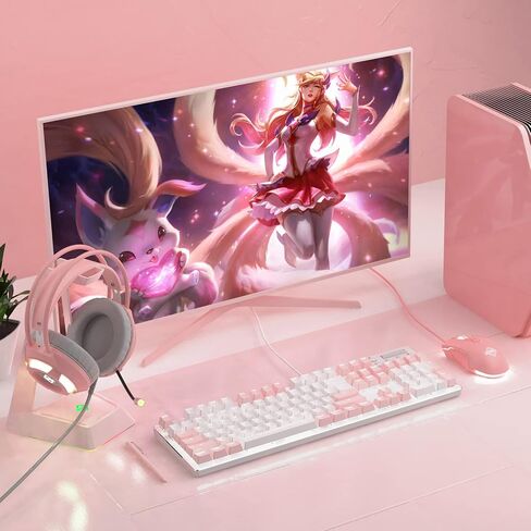 Lomiluskr Wired Mechanical Gaming Keyboard, 104 Keys and 6 Media Keys Anti-Ghosting, 2 Colors PBT Keycap, Hot-swappable Switch, Elegant White Backlight, Aluminum Panel (Pink&White, Blue Switch) in Saudi Arabia