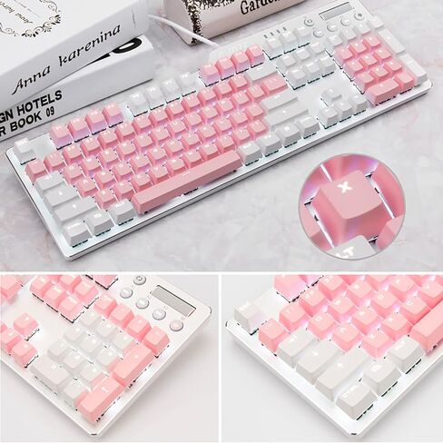 Lomiluskr Wired Mechanical Gaming Keyboard, 104 Keys and 6 Media Keys Anti-Ghosting, 2 Colors PBT Keycap, Hot-swappable Switch, Elegant White Backlight, Aluminum Panel (Pink&White, Blue Switch) in Saudi Arabia