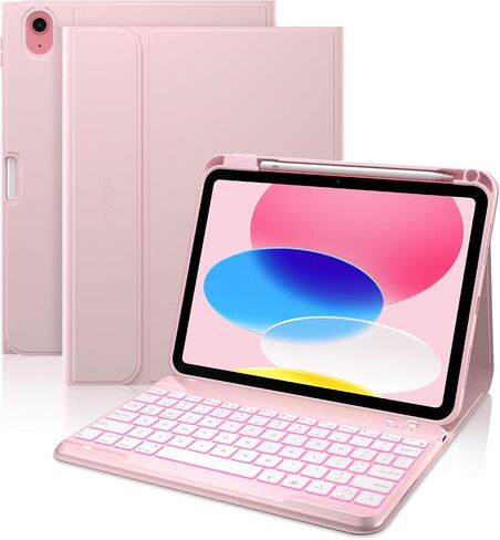 حافظة لوحة مفاتيح typecase Folio لجهاز iPad الجيل العاشر 2022 (10.9 بوصة)، بإضاءة خلفية بـ 7 ألوان، لاسلكية مغناطيسية قابلة للفصل، رفيعة وخفيفة، حامل أقلام رصاص، وردي فاتح in Kuwait