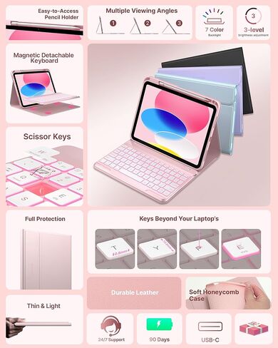 حافظة لوحة مفاتيح typecase Folio لجهاز iPad الجيل العاشر 2022 (10.9 بوصة)، بإضاءة خلفية بـ 7 ألوان، لاسلكية مغناطيسية قابلة للفصل، رفيعة وخفيفة، حامل أقلام رصاص، وردي فاتح in Kuwait