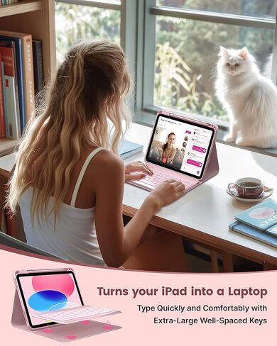 حافظة لوحة مفاتيح typecase Folio لجهاز iPad الجيل العاشر 2022 (10.9 بوصة)، بإضاءة خلفية بـ 7 ألوان، لاسلكية مغناطيسية قابلة للفصل، رفيعة وخفيفة، حامل أقلام رصاص، وردي فاتح in Kuwait