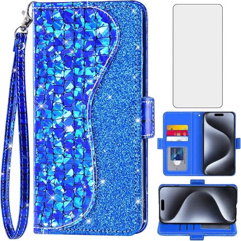 حافظة هاتف Asuwish لهاتف iPhone 15 Pro مقاس 6.1 بوصة مع واقي شاشة وحزام معصم وحامل بطاقة قلاب Bling Glitter Cell iPhone15Pro 5G i i-Phone i15 iPhone15 15Pro نساء بنات أزرق in Saudi Arabia