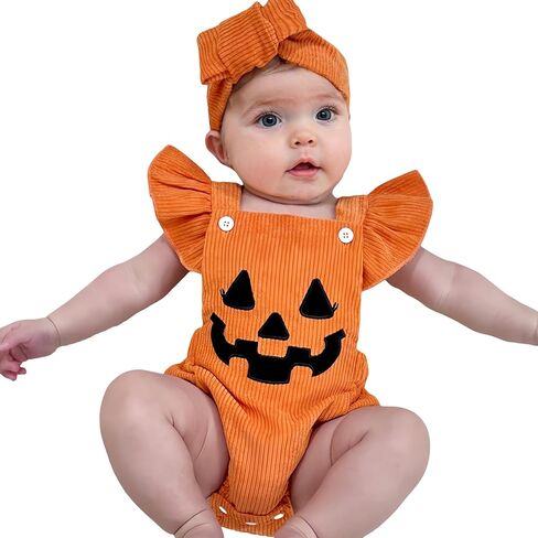 Noubeau My First Halloween Baby Girl Outfit Newborn Pumpkin Bubble Romper Bodysuit Corduroy Overalls Infant Ghost Clothes in Kuwait