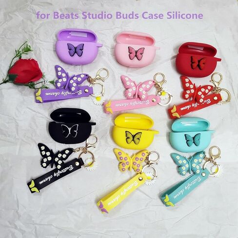Case for Beats Studio Buds Case with Keychain for Women Girls, Cute Butterfly Soft Silicone Headphones Wireless Charging Case Cover Full Body Anti-Lost Protection for Beat Studio Earphone (Purple) in Saudi Arabia