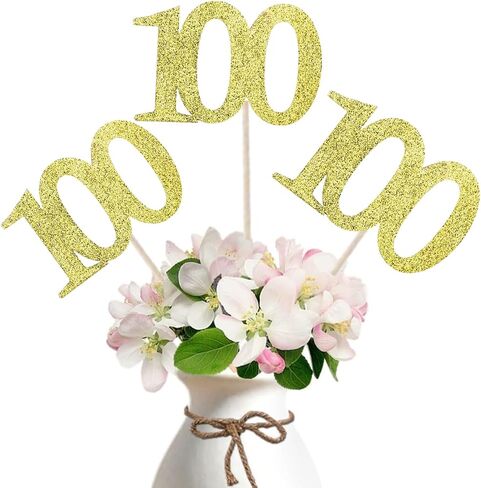 ALISSAR 10-Pack Double Sided Glitter Gold 100th Birthday Cake Topper, Table Topper Decorations for Party in Saudi Arabia
