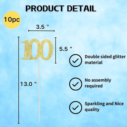 ALISSAR 10-Pack Double Sided Glitter Gold 100th Birthday Cake Topper, Table Topper Decorations for Party in Saudi Arabia