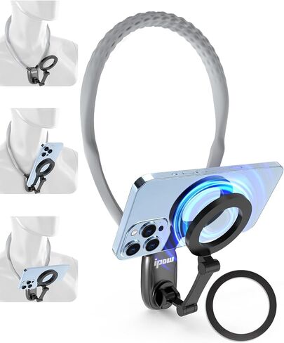 IPOW Magnetic Neck Mount for Phones, Neck Cell Phone Holder POV/Vlog Selfie Mount Hand Free Phone Neck Holder Chest Stand Strap Video Recording for iPhone 16 15 14 13 12 Seires, Black in Saudi Arabia