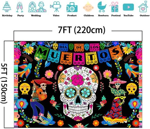 Avezano Day of The Dead Backdrop Mexican Dia de Los Muertos Fiesta Background Sugar Skull Halloween Party Decoration Supplies (7x5ft) in Saudi Arabia