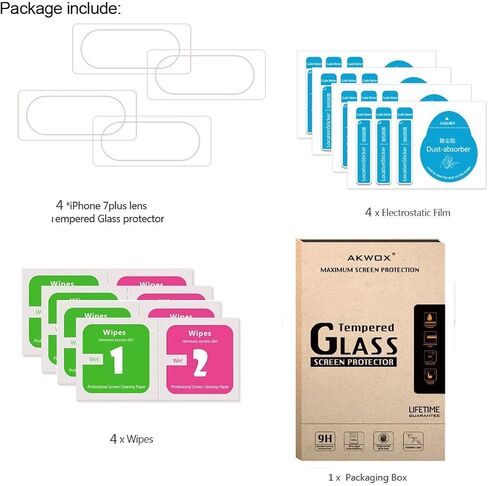 AKWOX (عبوة من 4 قطع) متوافقة مع واقي عدسة الكاميرا iPhone 7 Plus 8 Plus، رفيع للغاية 0.2 مم 9H واقي عدسة الكاميرا من الزجاج الصلب المقوى لهاتف iPhone 7 Plus، مع مضاد للخدش والغبار in Kuwait