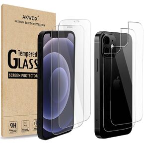(4-Pack) Tempered Glass Screen Protectors for iPhone 12 Mini 5.4-inch with Back Covers, Akwox 9H Front Screen Protector and Back Screen Protector for iPhone 12 Mini (5.4" Display, 2020)