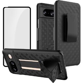 Ailiber for Google Pixel 8 Case, Pixel 8 5G Phone Case Holster with Screen Protector Tempered Glass, Swivel Belt Clip, Kickstand Holder, Slim Shockproof Shell Full Body Phone Cover for Google 8-Black