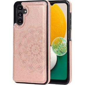 Wallet Case for Samsung Galaxy A13 5G Wallet Case PU Leather with Card Holder Kickstand Card Slots Case Flower Embossed Pattern Shockproof Cover for Galaxy A13 5G Phone Case Rose Gold