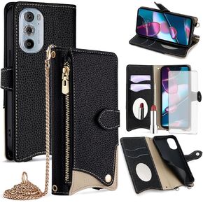 Asuwish Phone Case for Motorola Edge+ Plus 2022/Edge X30/30 Pro Wallet Cover with Screen Protector and Mirror PU Leather Flip Cover Card Holder Slot Stand Crossbody Strap Cell Moto Edge + 5G UW Pink