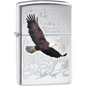 Zippo Lighter: Bald Eagle with Engraved Background - High Polish Chrome 78516