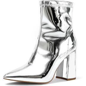 mysoft Women's GoGo Boots Mid Calf Block Heel Ankle Boots Pointed Toe Patent Leather Side Zipper Booties