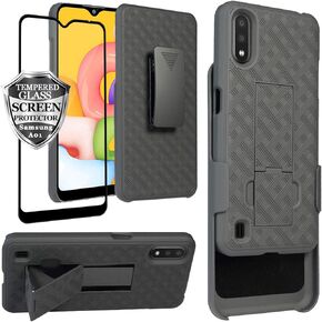 Ailiber Samsung Galaxy A01 Case Holster, Samsung A01 Screen Protector, Swivel Belt Clip Kickstand Holder, Slim Rugged Full Body Armor Shell Protective Pouch Cover for Galaxy A01 SM-A015 - Black