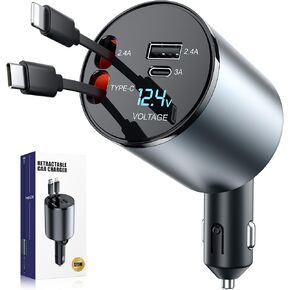Retractable Car Charger, 4 in 1 Fast Charge Car Phone Charger, Retractable Cables and 2 USB Ports, Car Charger Adapter for iPhone 15/14/13/12 Pro Max XR, iPad, Samsung