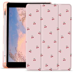 JOYLAND Cute Cherry Bowknot Case for 10.2 Inch iPad 9th/7th/8th Generation with Pencil Holder, Auto Wake/Sleep for iPad 2021/2020/2019 Shockproof Case, Trifold Stand Pink Girly Case for Girls Kids