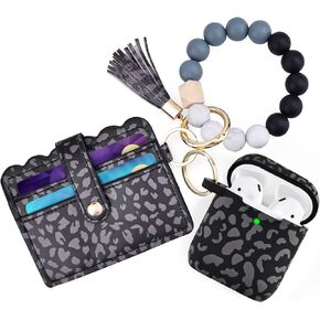 Case for Airpods 2/1, Filoto Cute Apple Airpod 1st/2nd Generation Case Cover for Women Girls, Silicone Case with Wristlet Bracelet Keychain Credit Card Holder Purse Accessories (Leopard Black)