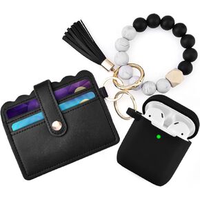 Case for Airpods 2/1, Filoto Cute Apple Airpod 1st/2nd Generation Case Cover for Women Girls, Silicone Case with Wristlet Bracelet Keychain Credit Card Holder Purse Accessories (Leopard Black)