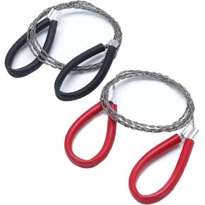Waziaqoc 2 Pcs Survival Wire Saw, Heavy Duty Emergency Steel Wire Saw, Pocket Size Outdoor Tool for Cutting Wood Rubber Plastic (Black, Red)