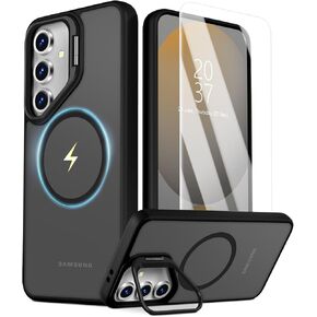 for Samsung Galaxy S24 FE Case [Compatible with Magsafe] [9H Glass Screen Protector] [Metal Camera Lens Stand] Translucent Matte Back Skin-Touch Phone Cover Case for Galaxy S24 FE(Black)