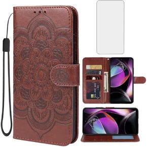 for Moto G 5G 2022 Case, Motorola G 5G 2022 XT2213 Wallet Case with Tempered Glass Screen Protector, PU Leather Wrist Strap Card Slots Protective Flip Cover for Motorola Moto G 5G 2022 Brown