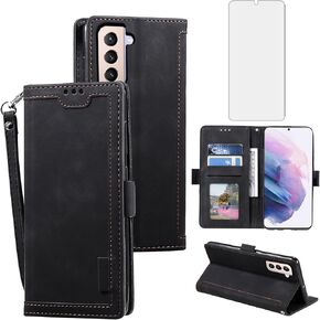 Asuwish Phone Case for Samsung Galaxy S21 Plus S21+ 5G Wallet Cell Cover with Tempered Glass Screen Protector Lanyard Flip Credit Card Holder Slot Stand S21+5G S21plus 21S + S 21 21+ G5 Women Brown