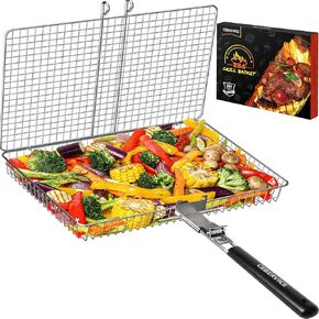 CEBERVICE Grill Basket Extra Large, SUS304 Food Safe Stainless Steel, Portable Folding BBQ Outdoor Camping Grilling Rack for Fish, Vegetables, Shrimp, Barbeque Griller Cooking Accessories, Grilling Gifts for Men, Dad, Father, Husband
