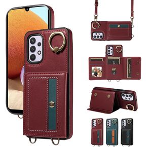 Phone Case for Samsung Galaxy A23 5G/4G Wallet Cover with Crossbody Shoulder Strap and Leather Card Holder Credit Pocket 360°Rotatable Stand Cell Accessories A 23 23A 6.6 Girls Women Men Black