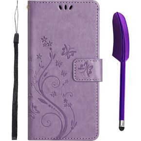 Compatible for iPhone 16 Pro Max Wallet Case with Credit Card Holders Butterfly Flower Embossed PU Leather Cover Durable Kickstand Flip Case with Pen - Purple