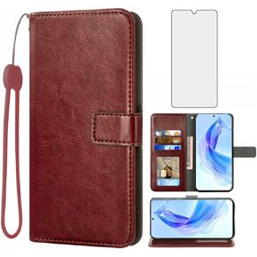 Asuwish Compatible with Honor 90 Lite Wallet Case Tempered Glass Screen Protector and Leather Flip Cover Card Holder Stand Cell Accessories Phone Cases for Honor90 Lite Women Men Brown in Saudi Arabia