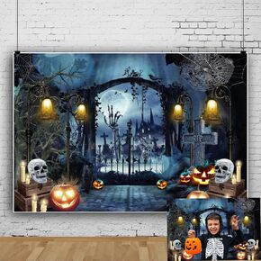 Halloween Backdrop 7x5ft Night Graveyard Gate Scary Skeleton Pumpkin Photo Background Gloomy Full Moon Cemetery Banner Halloween Party Decorations Adults Kids Selfie Background