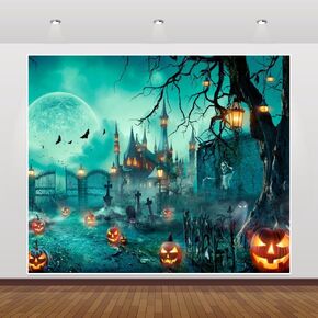 Halloween Backdrop Background 10x8ft Scary Cemetery Pumpkin Haunted House Halloween Photo Backdrop Horror Full Moon Night Graveyard Skeleton Kids Halloween Party Birthday Photography Backdrop Banner