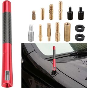 Carbon Fiber Car Short Antenna, 4.7 Inch American Flag Vehicle AM/FM Radio Reception Antenna, Patriotic Auto Antenna Replacement Accessories with 9 Adapters, 2 Screws, 2 Rubber Rings (Black)