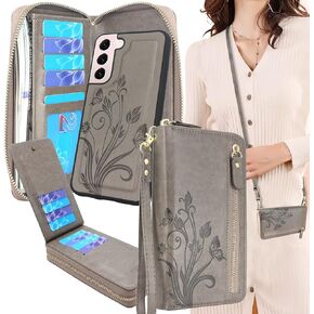 Lacass Compatible with S22+ Plus 5G 6.6 Inch 2022 [Not for S22 Ultra] Crossbody Chain Dual Zipper Detachable Magnetic Leather Wallet Case Cover Wrist Strap 13 Card Slots Money Pocket (Floral Gray)