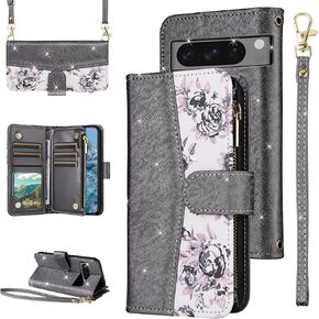 for Google Pixel 8 Pro 5G Floral Wallet Case with Flip Zipper Purse Wrist Strap Shoulder Strap, Glitter PU Leather Card Holder Stand Phone Cover for Pixel8Pro Pixel8 XL Eight 8Pro Purple