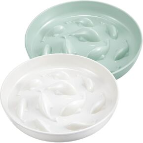 Nitial Cat Feeder, 2 Pcs Pet Slow Feeder Bowl, Fish Pool Design, Healthy Eating Diet, Interactive Cat Food Bowl, Dishwasher Safe, Melamine, Green White