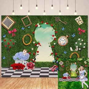 7X5FT Wonderland Tea Party Backdrop Green Leaves Checkerboard Rabbit Wonderland Photography Background Princess Girls Fairy Tale Green Grass Birthday Banner Baby Shower Decorations Supplies