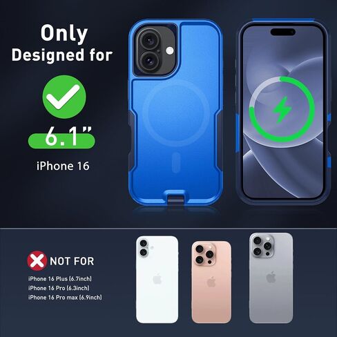 حافظة مغناطيسية لهاتف iPhone 16، [متوافقة مع MagSafe] [حافظة بمشبك حزام]، مع واقي شاشة من الزجاج المقوى 2X، غطاء هاتف لهاتف iPhone 16 6.1 بوصة (مشبك حزام أزرق داكن-MAG) in Kuwait