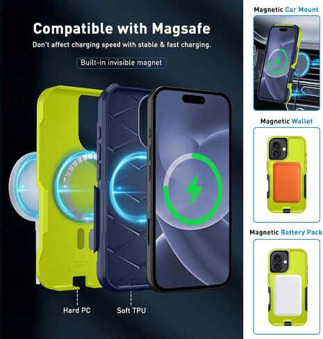 حافظة مغناطيسية لهاتف iPhone 16، [متوافقة مع MagSafe] [حافظة بمشبك حزام]، مع واقي شاشة من الزجاج المقوى 2X، غطاء هاتف لهاتف iPhone 16 6.1 بوصة (مشبك حزام أزرق داكن-MAG) in Kuwait