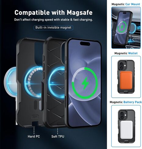 حافظة مغناطيسية لهاتف iPhone 16، [متوافقة مع MagSafe] [حافظة بمشبك حزام]، مع واقي شاشة من الزجاج المقوى 2X، غطاء هاتف لهاتف iPhone 16 6.1 بوصة (مشبك حزام أزرق داكن-MAG) in Kuwait