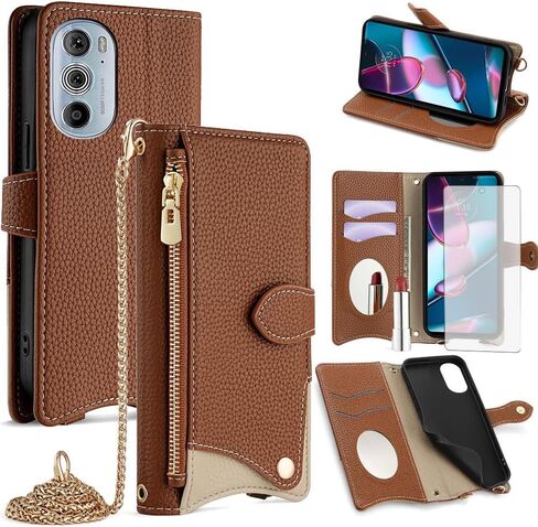 Asuwish Phone Case for Motorola Edge+ Plus 2022/Edge X30/30 Pro Wallet Cover with Screen Protector and Mirror PU Leather Flip Cover Card Holder Slot Stand Crossbody Strap Cell Moto Edge + 5G UW Pink in Saudi Arabia