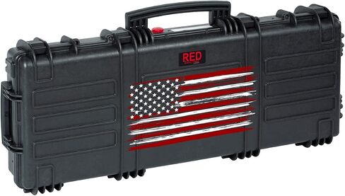 RED by EXPLORER Hard Rifle Case, Waterproof AR Case with Double Egg Foam Layers and US Flag Print Lid, 37" long, Black, Made in Italy in Saudi Arabia